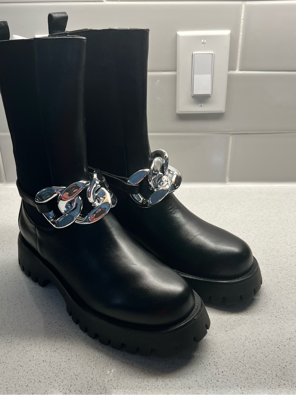Black Women's Chunky Moto Boots with Silver Chain Detail